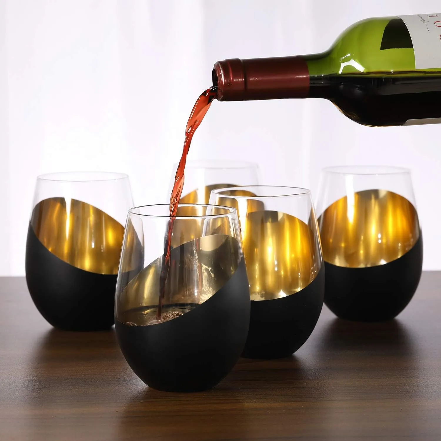 MyGift Modern Matte Black and Gold Tilted Design Stemless Wine Glasses Tumblers - 18 oz, Set of 6