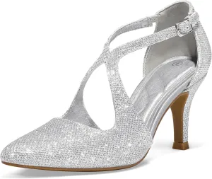 mysoft Women's Dress Shoes Closed Toe 3 Inch Heels Cross Strap Stiletto Pumps Wedding Prom Party Evening Formal Shoes
