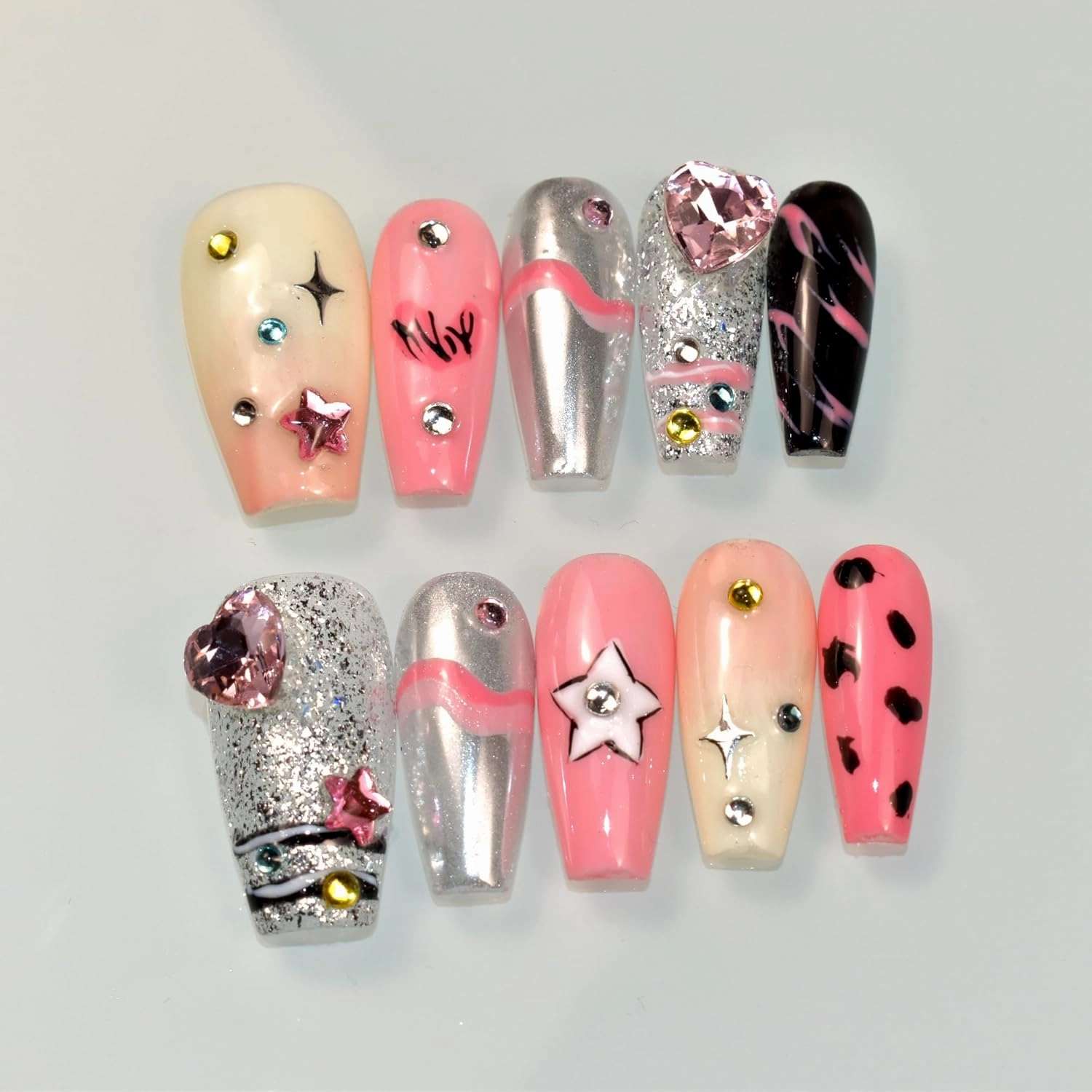 Nails Handmade Press-On Medium Long Coffin Ballerina with Pink Metallic Silver Color Y2k Graffiti 3D Design Charm Cute False Nail Tips 10 Pcs, Size M