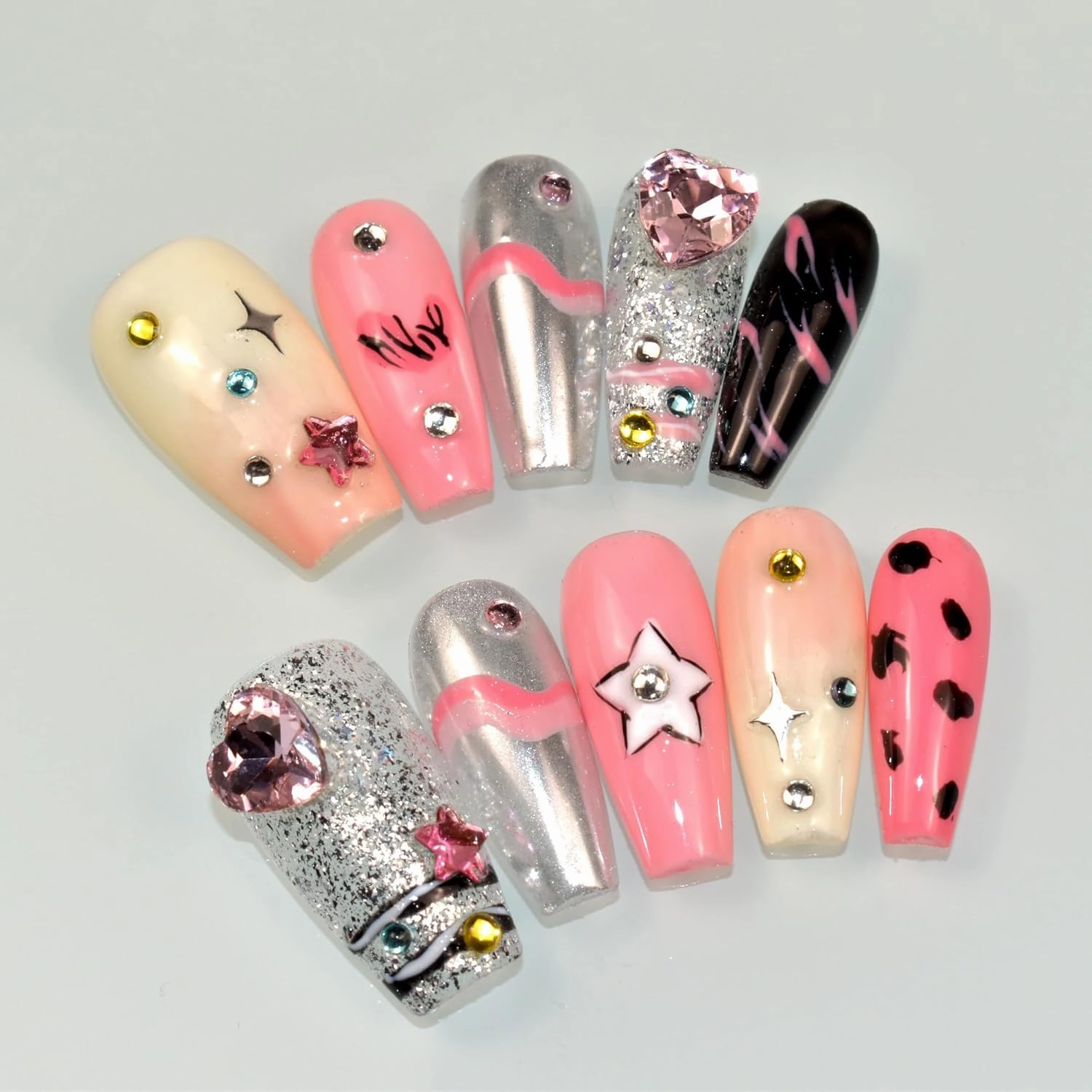 Nails Handmade Press-On Medium Long Coffin Ballerina with Pink Metallic Silver Color Y2k Graffiti 3D Design Charm Cute False Nail Tips 10 Pcs, Size M