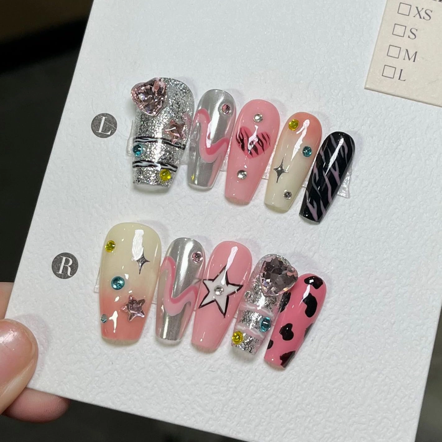 Nails Handmade Press-On Medium Long Coffin Ballerina with Pink Metallic Silver Color Y2k Graffiti 3D Design Charm Cute False Nail Tips 10 Pcs, Size M