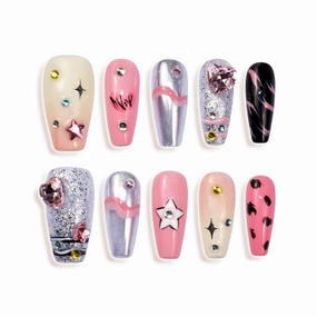 Nails Handmade Press-On Medium Long Coffin Ballerina with Pink Metallic Silver Color Y2k Graffiti 3D Design Charm Cute False Nail Tips 10 Pcs, Size M