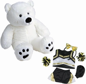 New White Polar Bear Stuffed Toy in Metallic Gold & Black Cheerleader Costume - Matching Cheer Bow & Pompoms Included - 16 Inch Cheerleading Gift for Kids & Animal Collectors