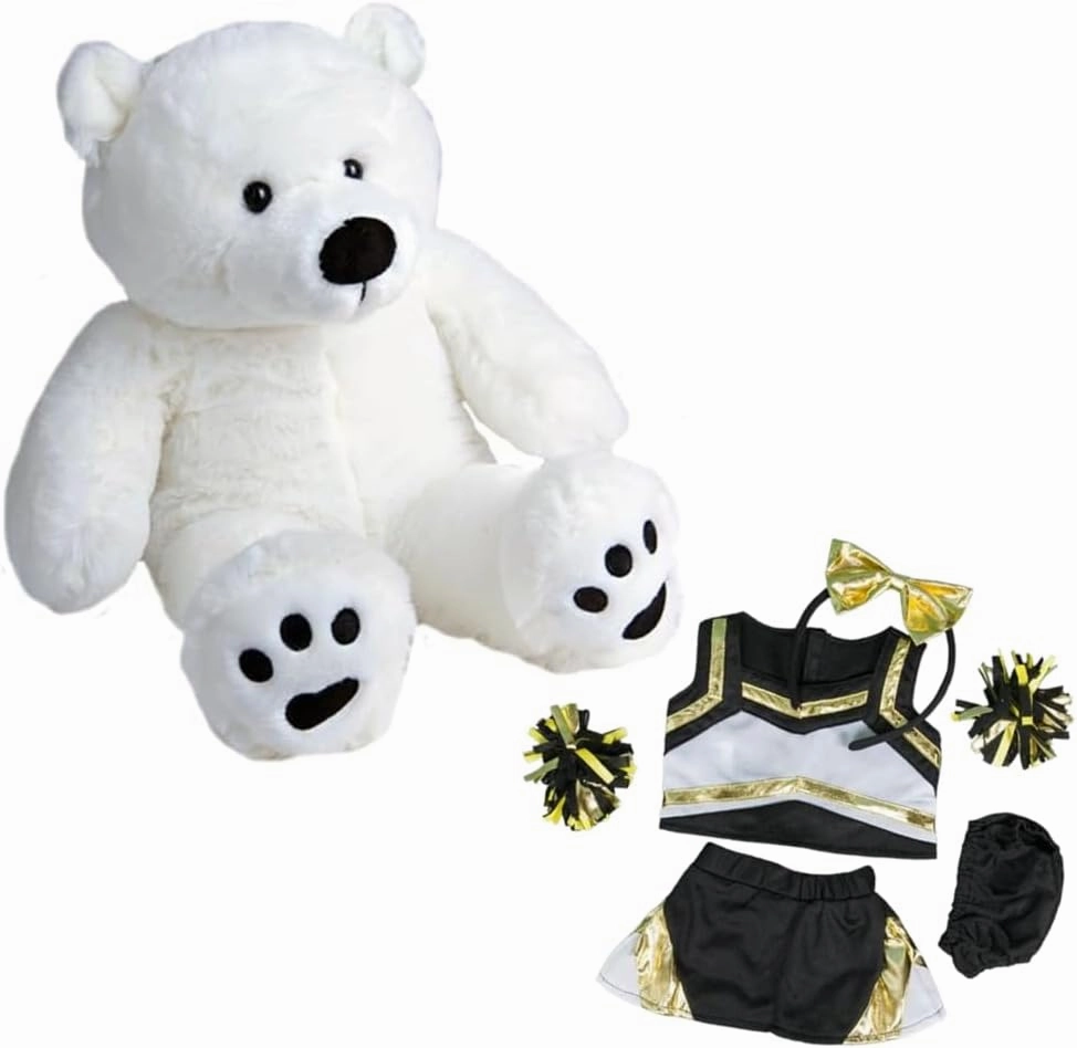 New White Polar Bear Stuffed Toy in Metallic Gold & Black Cheerleader Costume - Matching Cheer Bow & Pompoms Included - 16 Inch Cheerleading Gift for Kids & Animal Collectors