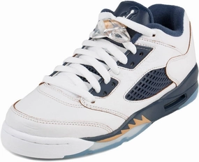 Nike Boys Jordan 5 Retro Low (GS) Dunk from Above White/Metallic Gold-Midnight Navy Leather Size 6.5Y
