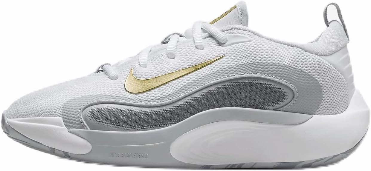 Nike IsoFly Big Kids' Basketball Shoes (FN4384-100, White/Cool Grey/Wolf Grey/Metallic Gold Star) Size 5.5