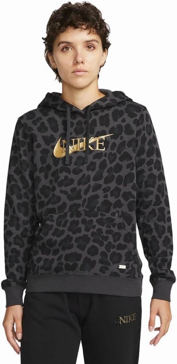 Nike Women's Sportswear Leopard Hoodie (US, Alpha, X-Small, Regular, Regular, Black/Black/Gold)