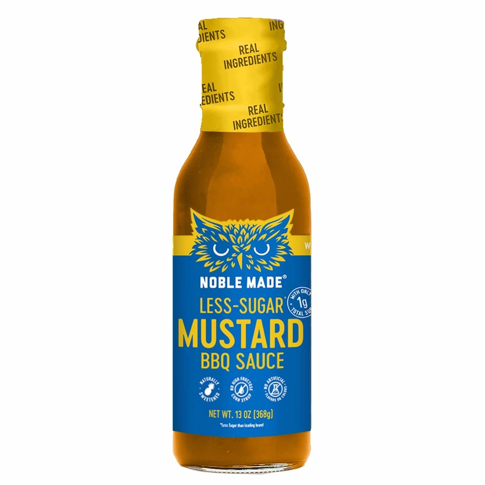 Noble Made Less-Sguar Mustard BBQ Marinade and Dipping Sauce, 13 fl oz Bottle, Mustard BBQ Sauce, Whole30 Approved, Paleo-Certified, Keto, and Gluten-Free, Gold BBQ Sauce with 0g of Fat