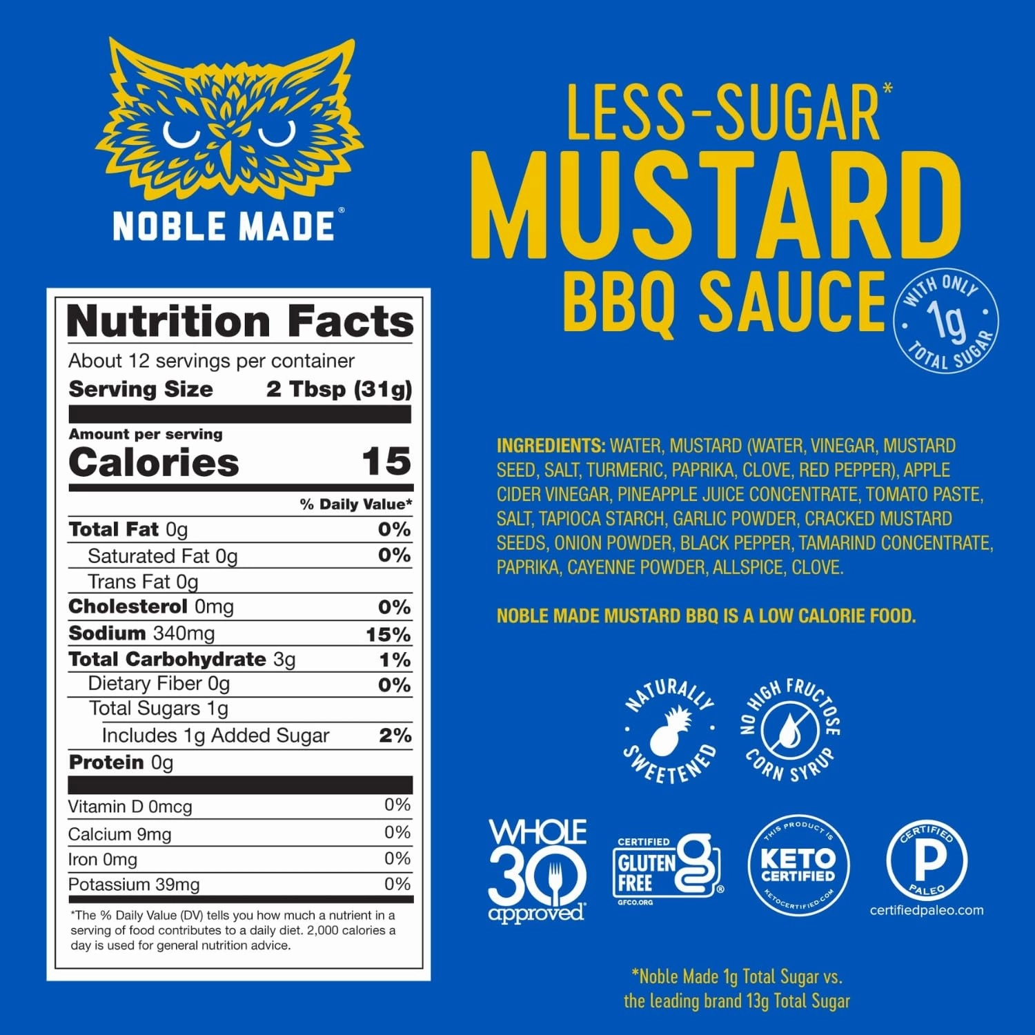 Noble Made Less-Sguar Mustard BBQ Marinade and Dipping Sauce, 13 fl oz Bottle, Mustard BBQ Sauce, Whole30 Approved, Paleo-Certified, Keto, and Gluten-Free, Gold BBQ Sauce with 0g of Fat