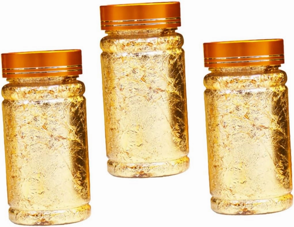 NOLITOY 3sets Metallic Foil Paper for Nails Gold Flakes Nail Art Sticker Mini Bottle Foil Sheets Easy Apply for Home Phone Case Party Makeup (Gold Flakes for Nails) 3pcs*3