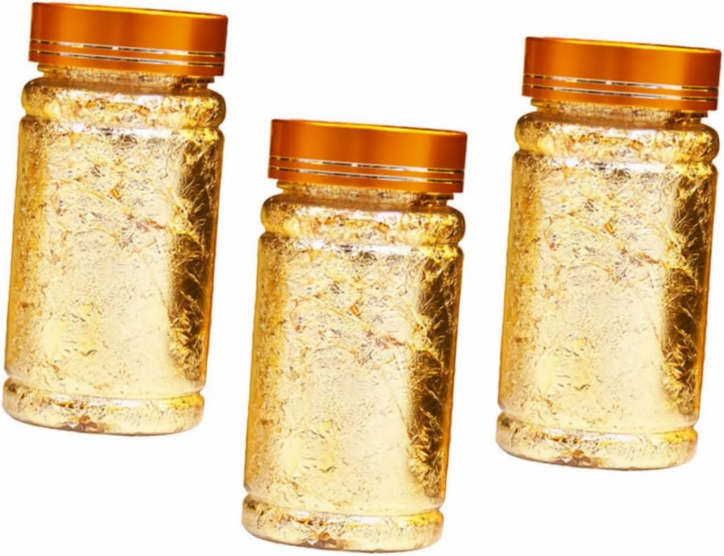 NOLITOY 3sets Metallic Foil Paper for Nails Gold Flakes Nail Art Sticker Mini Bottle Foil Sheets Easy Apply for Home Phone Case Party Makeup (Gold Flakes for Nails) 3pcs*3