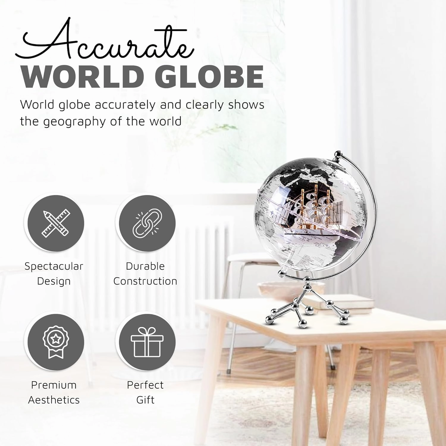 Nook & Goods Illuminated World Globe Lamp - 12" x 8" Plastic World Map Globe with Metal Stand - Rotating Earth Globe on Stand with Adjustable LED Light and USB Charging Port for Office/Home Décor (Silver)