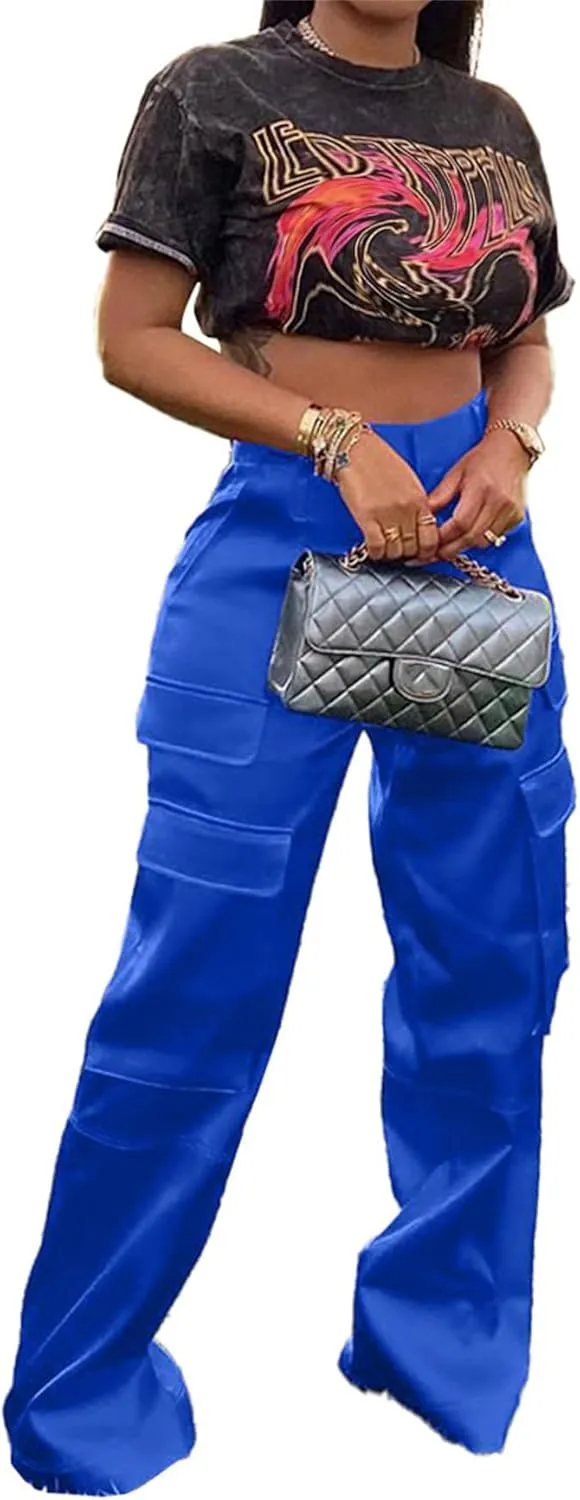 NRTHYE Women High Waisted Satin Cargo Pants Wide Leg Casual Pants Multi Pockets Straight Trousers