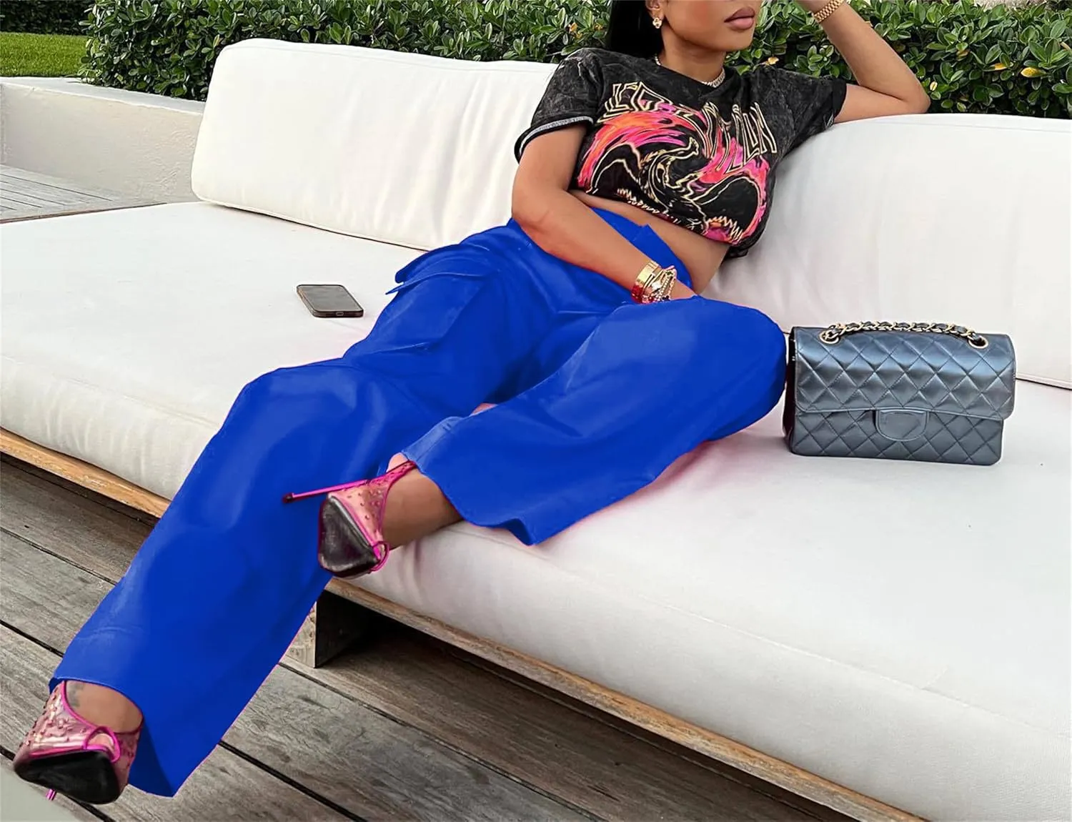 NRTHYE Women High Waisted Satin Cargo Pants Wide Leg Casual Pants Multi Pockets Straight Trousers