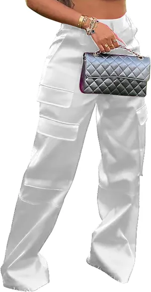 NRTHYE Women High Waisted Satin Cargo Pants Wide Leg Casual Pants Multi Pockets Straight Trousers