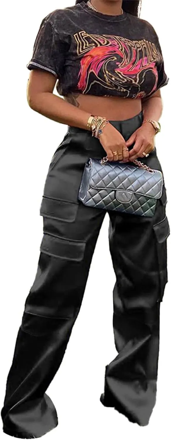 NRTHYE Women High Waisted Satin Cargo Pants Wide Leg Casual Pants Multi Pockets Straight Trousers