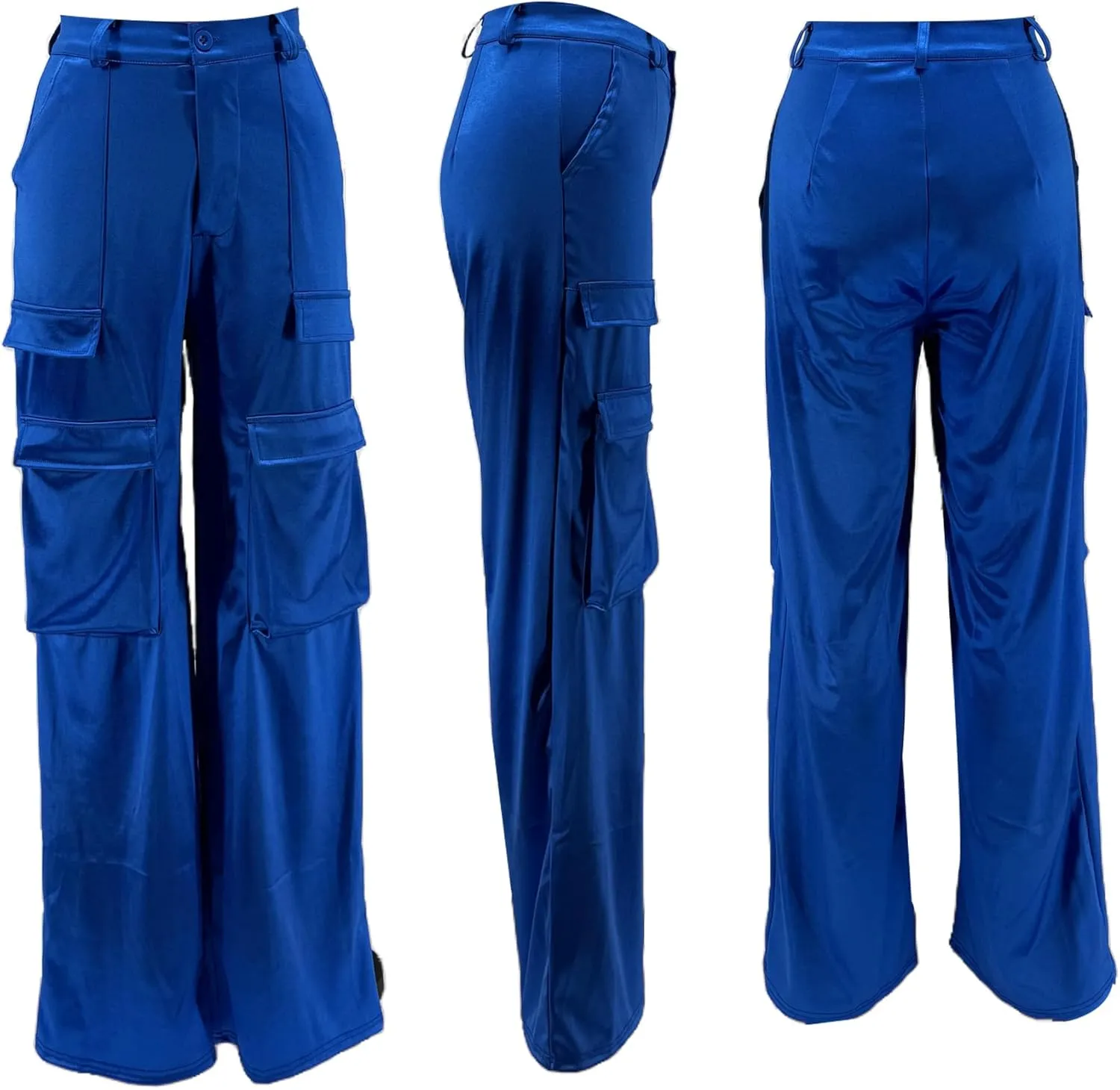 NRTHYE Women High Waisted Satin Cargo Pants Wide Leg Casual Pants Multi Pockets Straight Trousers
