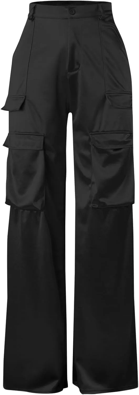 NRTHYE Women High Waisted Satin Cargo Pants Wide Leg Casual Pants Multi Pockets Straight Trousers