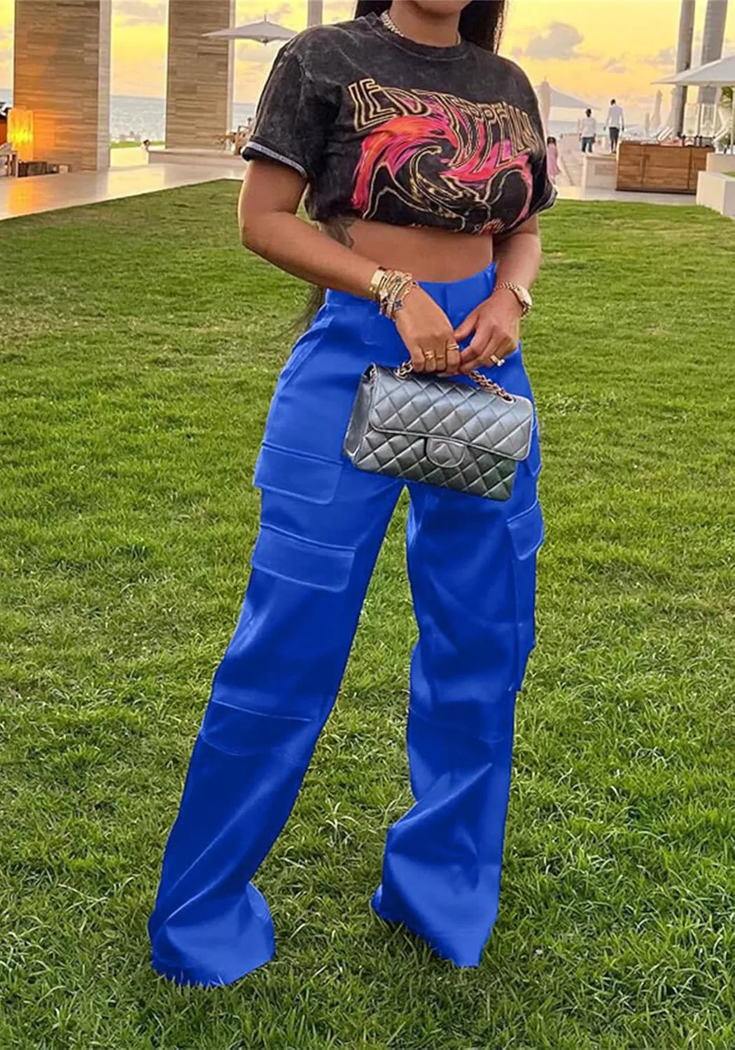 NRTHYE Women High Waisted Satin Cargo Pants Wide Leg Casual Pants Multi Pockets Straight Trousers