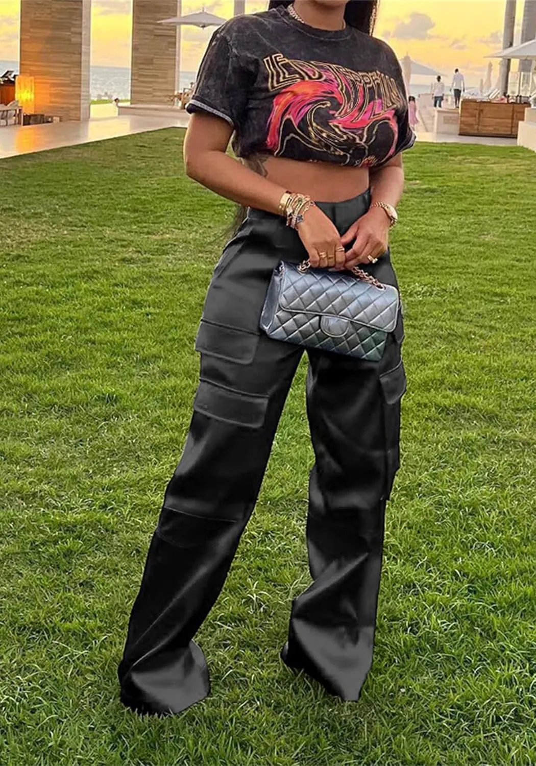 NRTHYE Women High Waisted Satin Cargo Pants Wide Leg Casual Pants Multi Pockets Straight Trousers