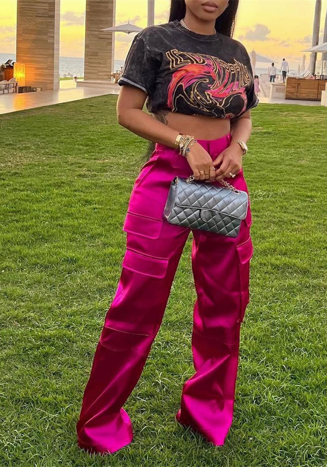 NRTHYE Women High Waisted Satin Cargo Pants Wide Leg Casual Pants Multi Pockets Straight Trousers