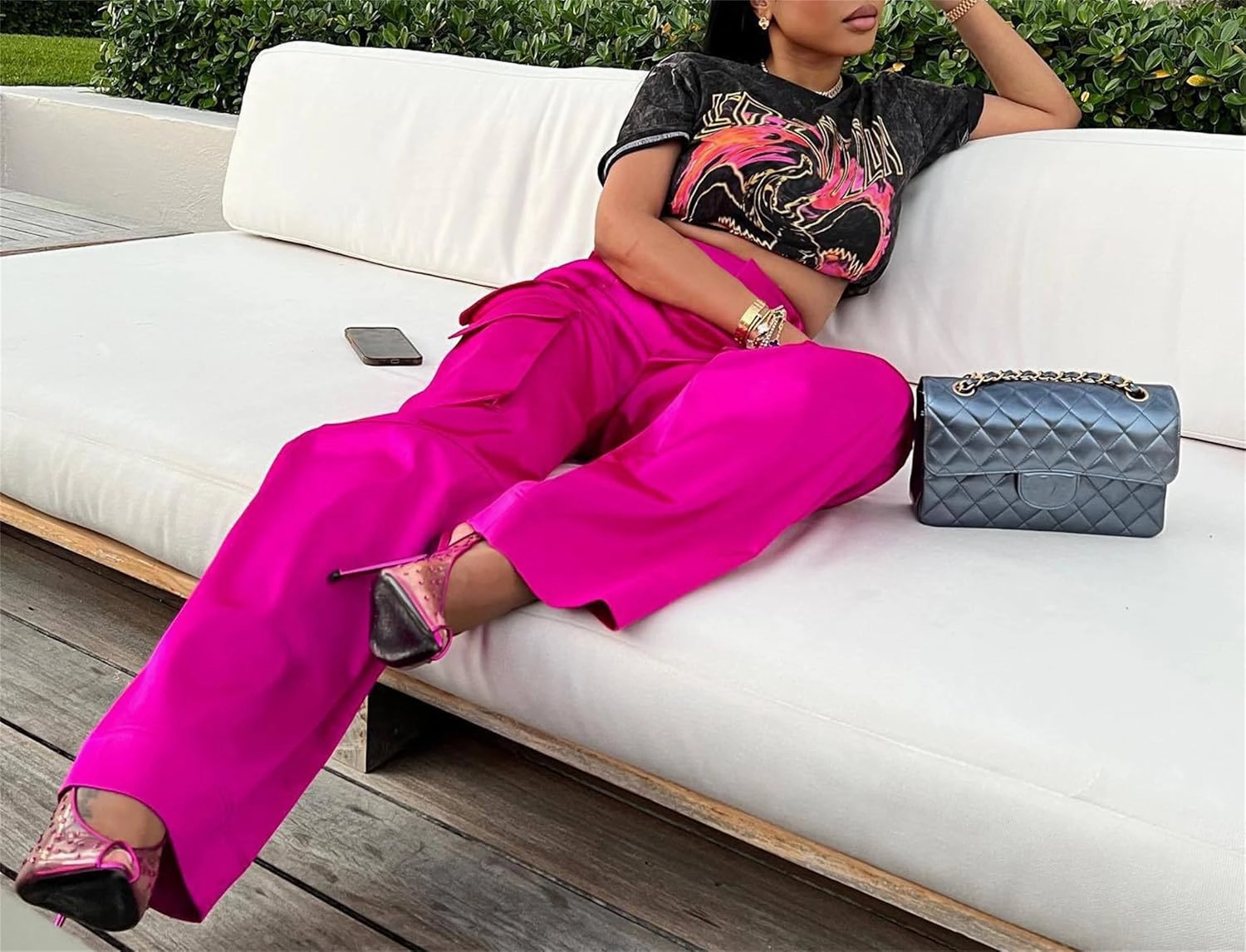 NRTHYE Women High Waisted Satin Cargo Pants Wide Leg Casual Pants Multi Pockets Straight Trousers