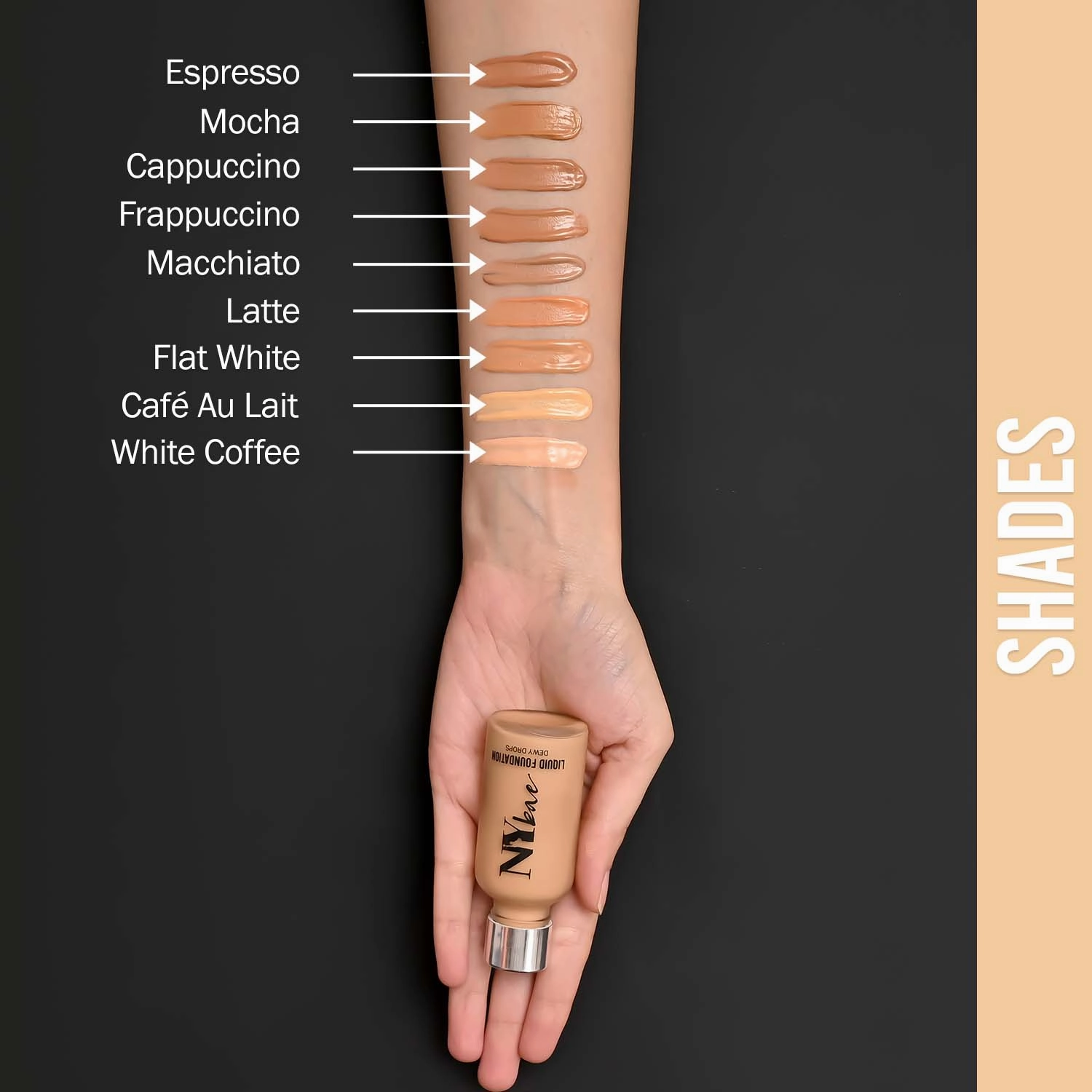 NY Bae Dewy Drops Liquid Foundation | Natural | Full Coverage | Smooth & Light | Easily Blendable | Very Fair Skin Tone | Cool Undertone - White Coffee 8 (30 ml) 