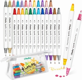 Ohuhu Journal Pens 24 Colors Dot Markers Dual Tips (Calligraphy Brush & Dot) for Adults Water-based Metallic & Regular Colors Dot Pens for Lettering Journal Scrapbooking Coloring Markers - Kumimi