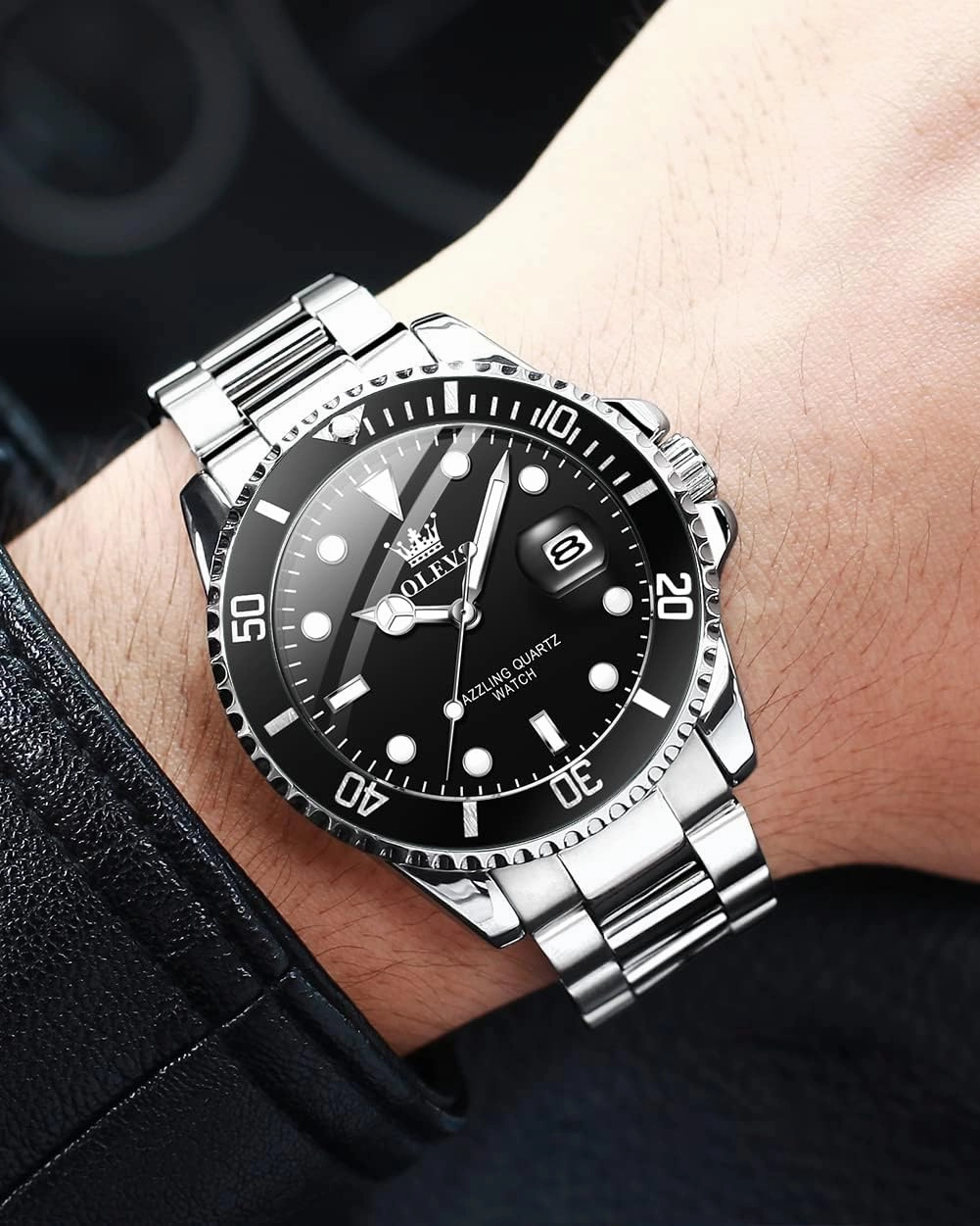 OLEVS Men's Watches with Date, Premium Gold and Silver Stainless Steel Analog Watches for Men, Classic Rotatable Bezel Men's Cuff Watches, Blue/Green/Black Dial