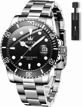 OLEVS Men's Watches with Date, Premium Gold and Silver Stainless Steel Analog Watches for Men, Classic Rotatable Bezel Men's Cuff Watches, Blue/Green/Black Dial