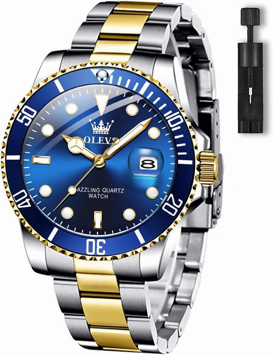 OLEVS Men's Watches with Date, Premium Gold and Silver Stainless Steel Analog Watches for Men, Classic Rotatable Bezel Men's Cuff Watches, Blue/Green/Black Dial