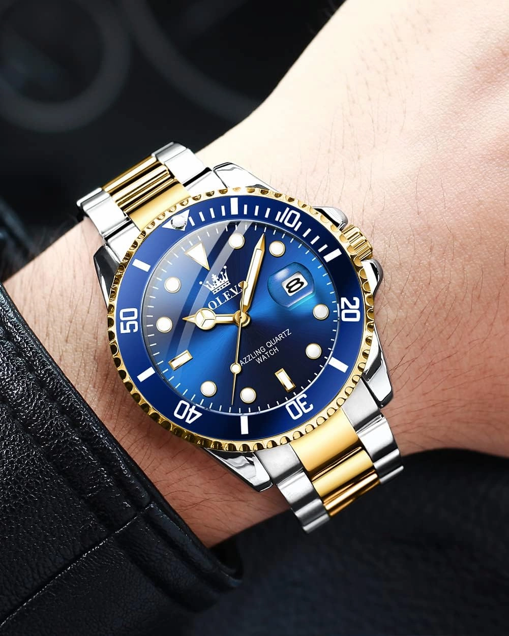 OLEVS Men's Watches with Date, Premium Gold and Silver Stainless Steel Analog Watches for Men, Classic Rotatable Bezel Men's Cuff Watches, Blue/Green/Black Dial