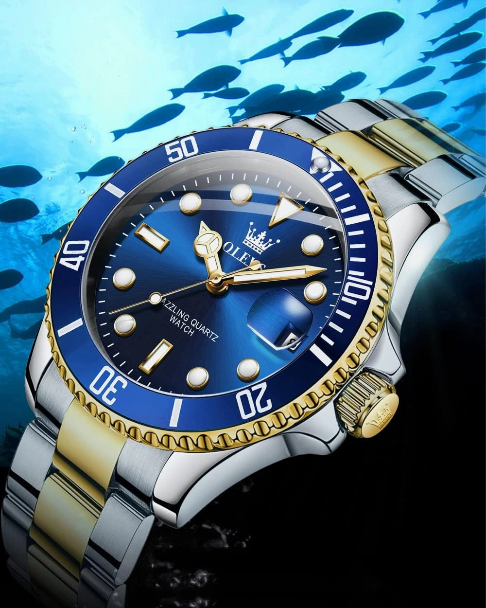 OLEVS Men's Watches with Date, Premium Gold and Silver Stainless Steel Analog Watches for Men, Classic Rotatable Bezel Men's Cuff Watches, Blue/Green/Black Dial