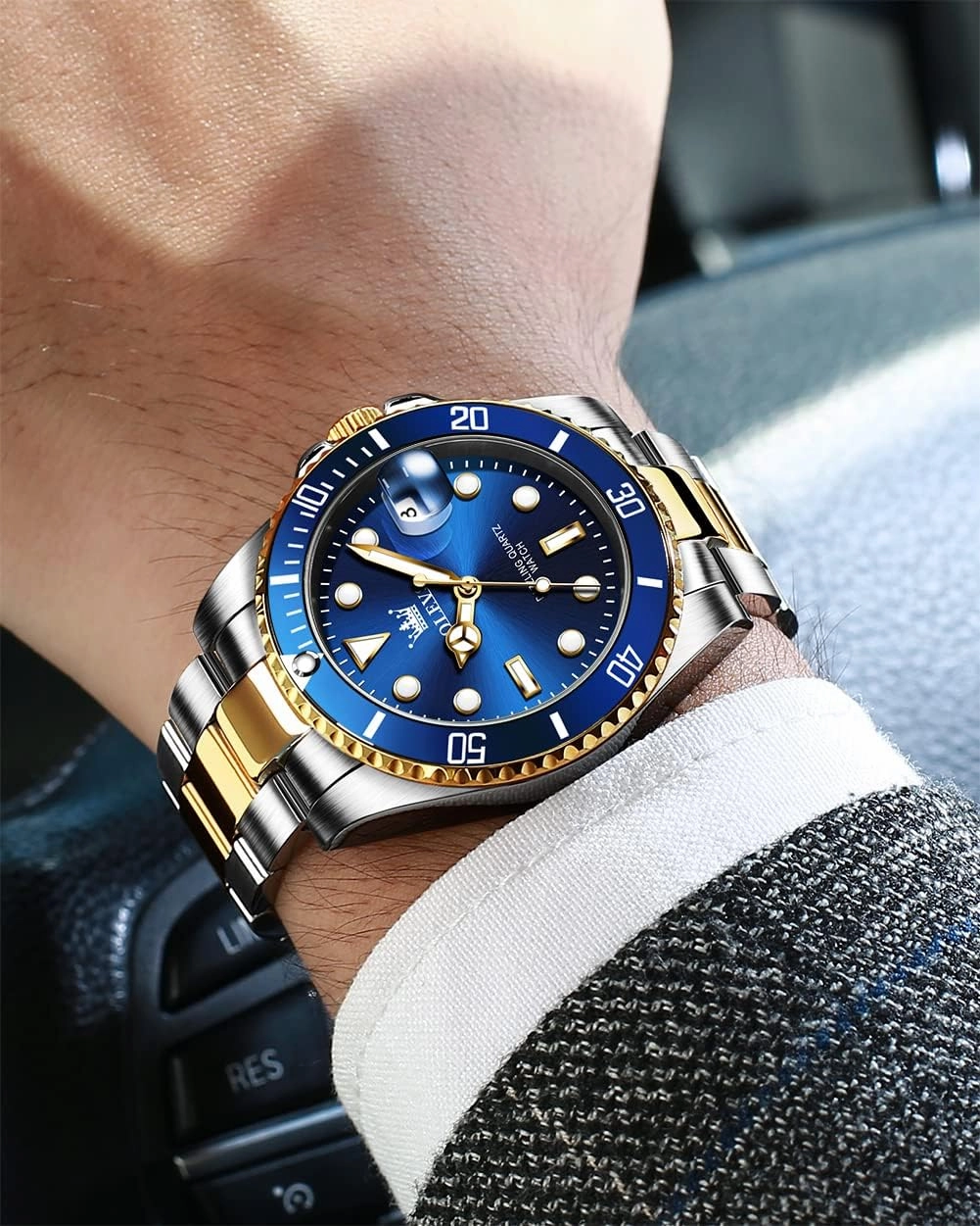 OLEVS Men's Watches with Date, Premium Gold and Silver Stainless Steel Analog Watches for Men, Classic Rotatable Bezel Men's Cuff Watches, Blue/Green/Black Dial