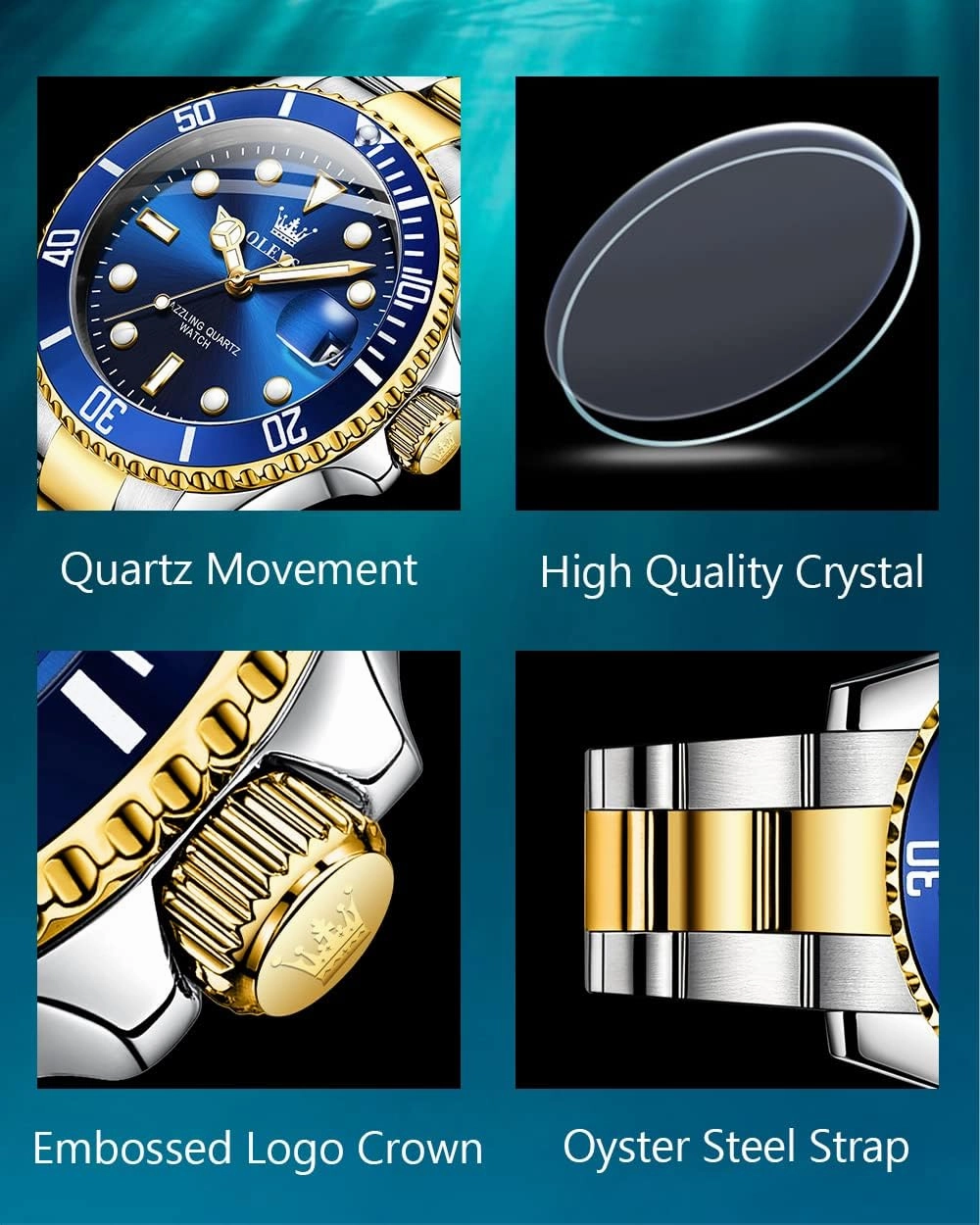 OLEVS Men's Watches with Date, Premium Gold and Silver Stainless Steel Analog Watches for Men, Classic Rotatable Bezel Men's Cuff Watches, Blue/Green/Black Dial