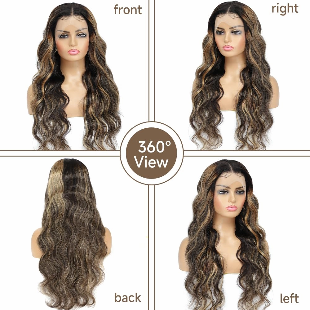 Ombre Lace Front Wig Human Hair Pre Plucked 13x4 Highlight Body Wave Lace Front Wigs Human Hair Hd Lace Frontal 1B/27 Colored Glueless Wigs Human Hair 180% Density 24 Inch