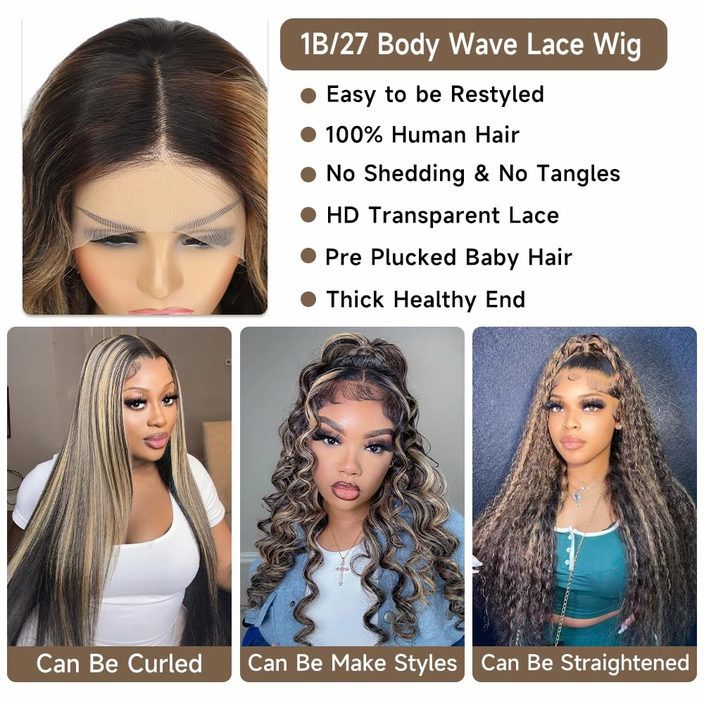 Ombre Lace Front Wig Human Hair Pre Plucked 13x4 Highlight Body Wave Lace Front Wigs Human Hair Hd Lace Frontal 1B/27 Colored Glueless Wigs Human Hair 180% Density 26 Inch