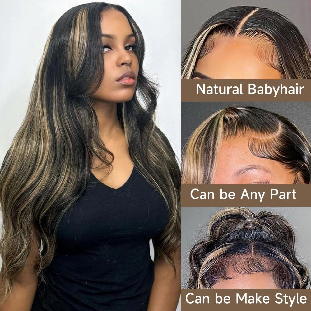 Ombre Lace Front Wig Human Hair Pre Plucked 13x4 Highlight Body Wave Lace Front Wigs Human Hair Hd Lace Frontal 1B/27 Colored Glueless Wigs Human Hair 180% Density 26 Inch