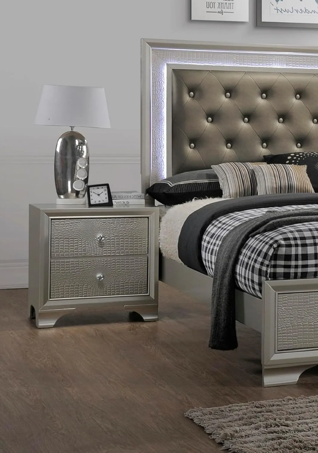 Organize Your Space with Modern Glam Two Drawer Nightstand, Embossed Crocodile Pattern, Spacious Storage, Champagne Finish