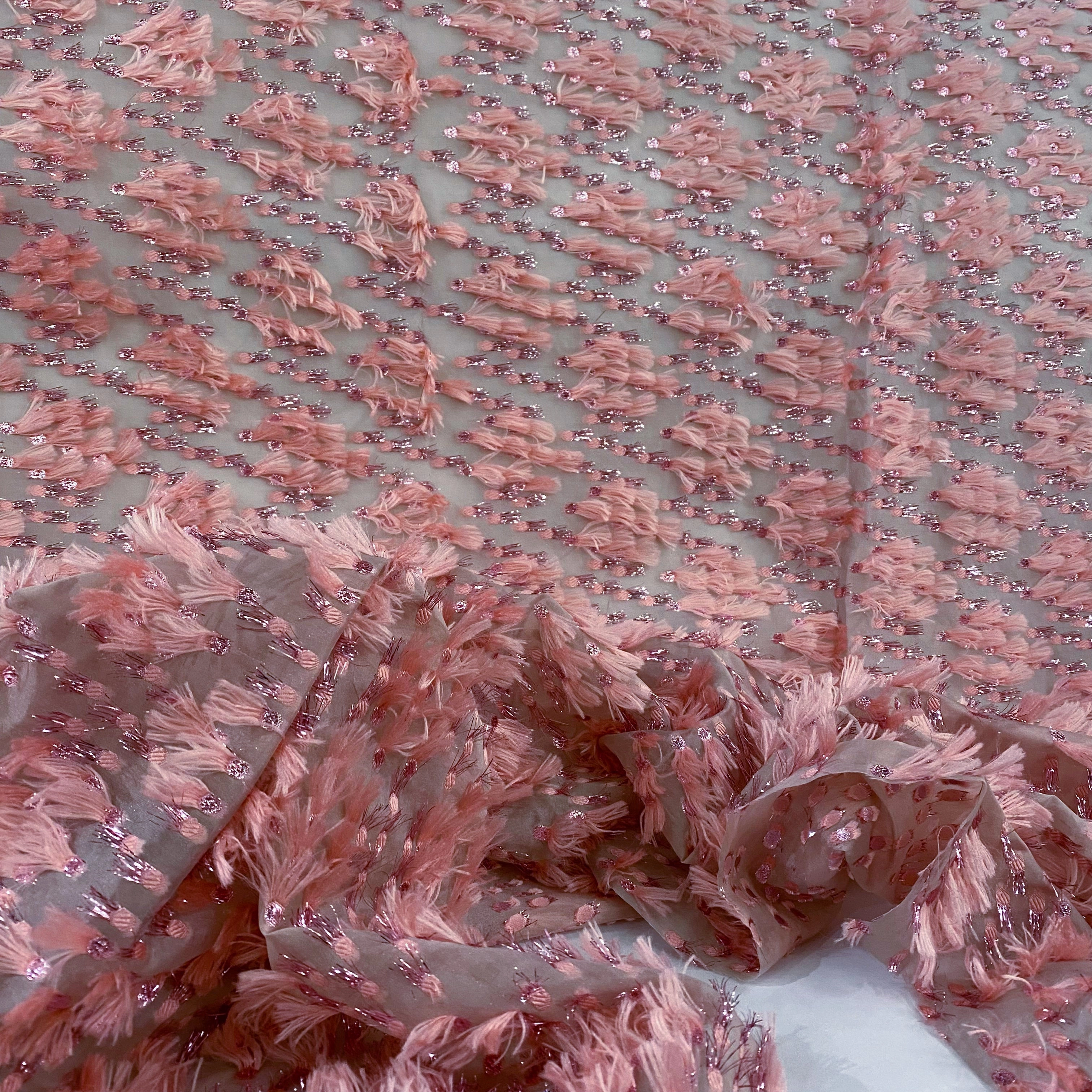 Organza Dobby - Metallic & Faux Fur Fringing - Pink