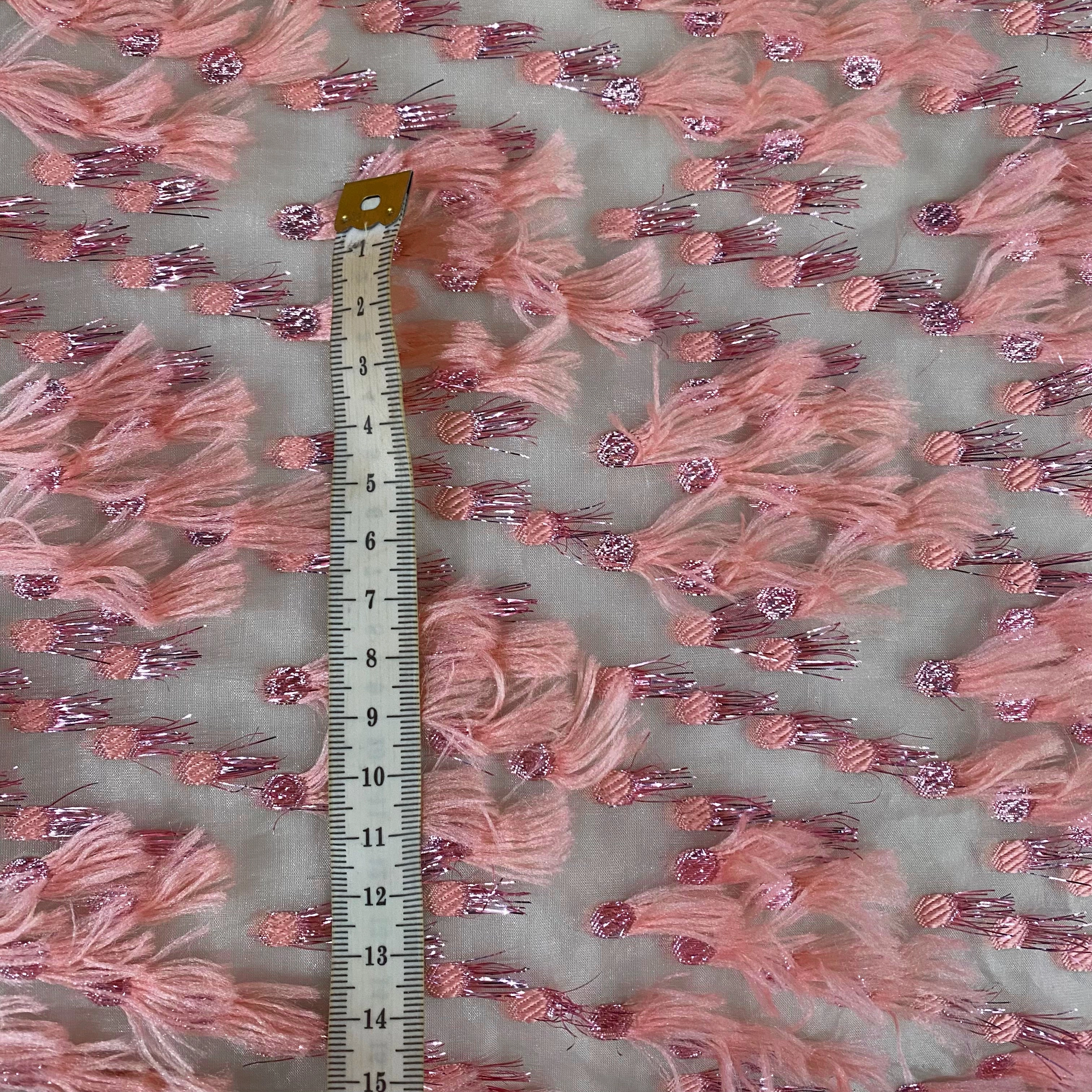 Organza Dobby - Metallic & Faux Fur Fringing - Pink