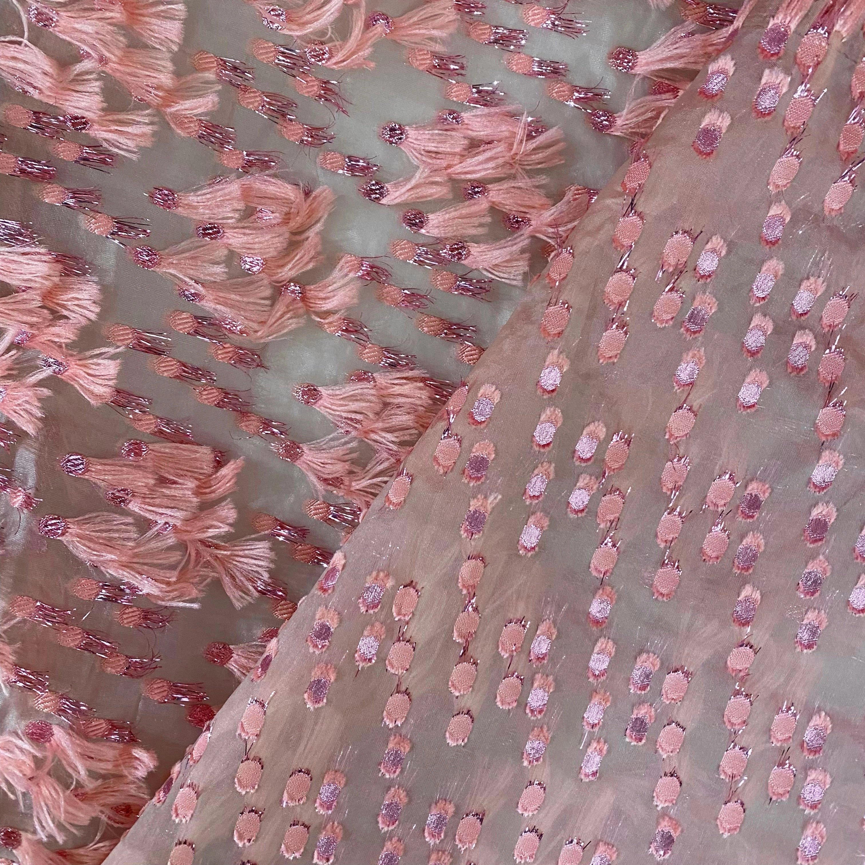Organza Dobby - Metallic & Faux Fur Fringing - Pink