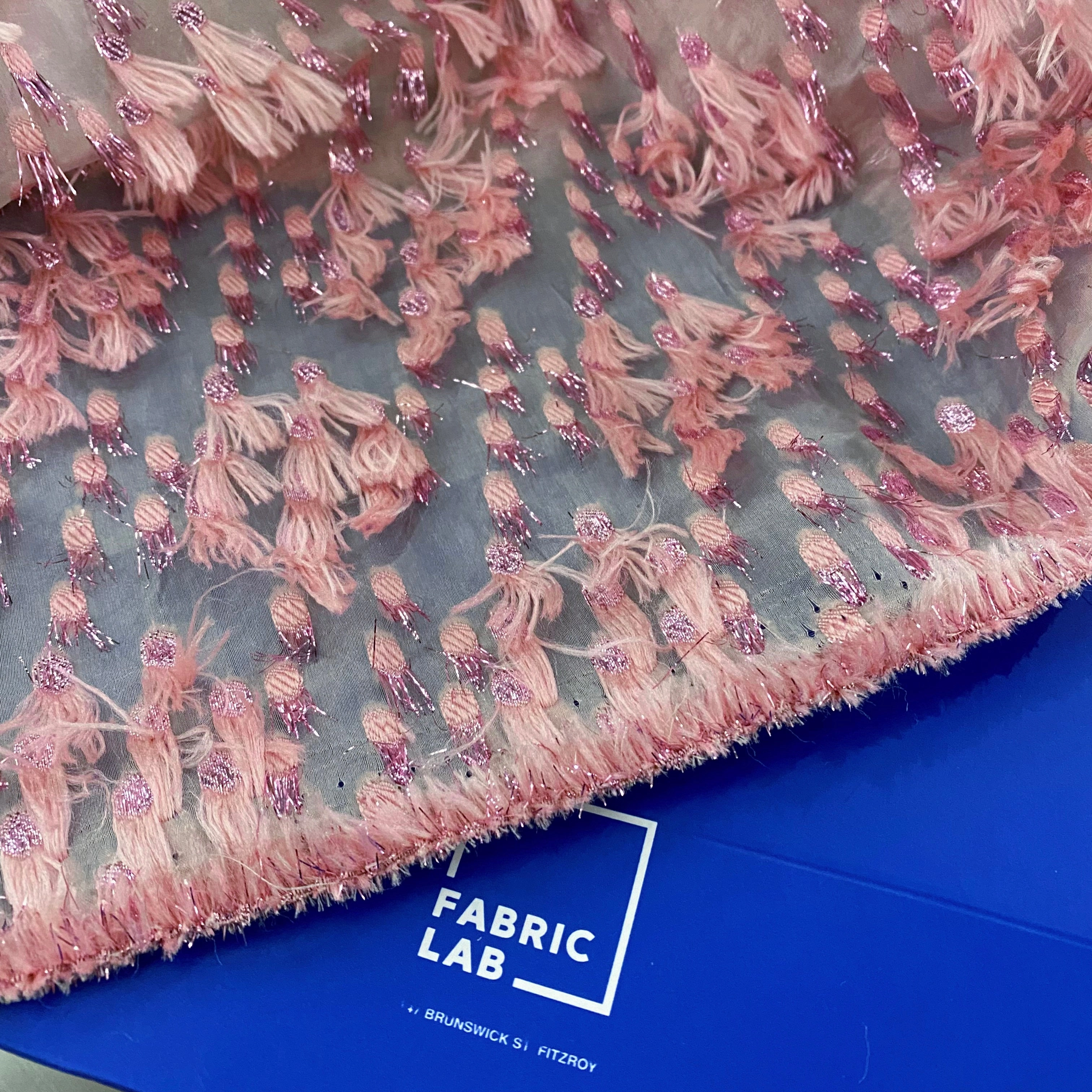 Organza Dobby - Metallic & Faux Fur Fringing - Pink