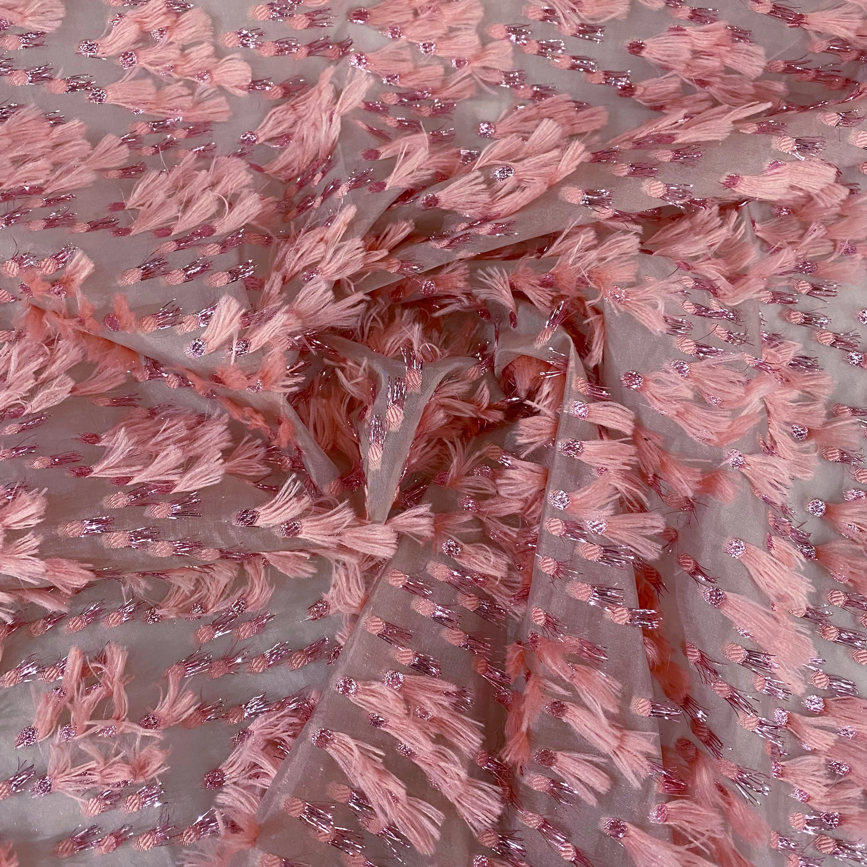 Organza Dobby - Metallic & Faux Fur Fringing - Pink