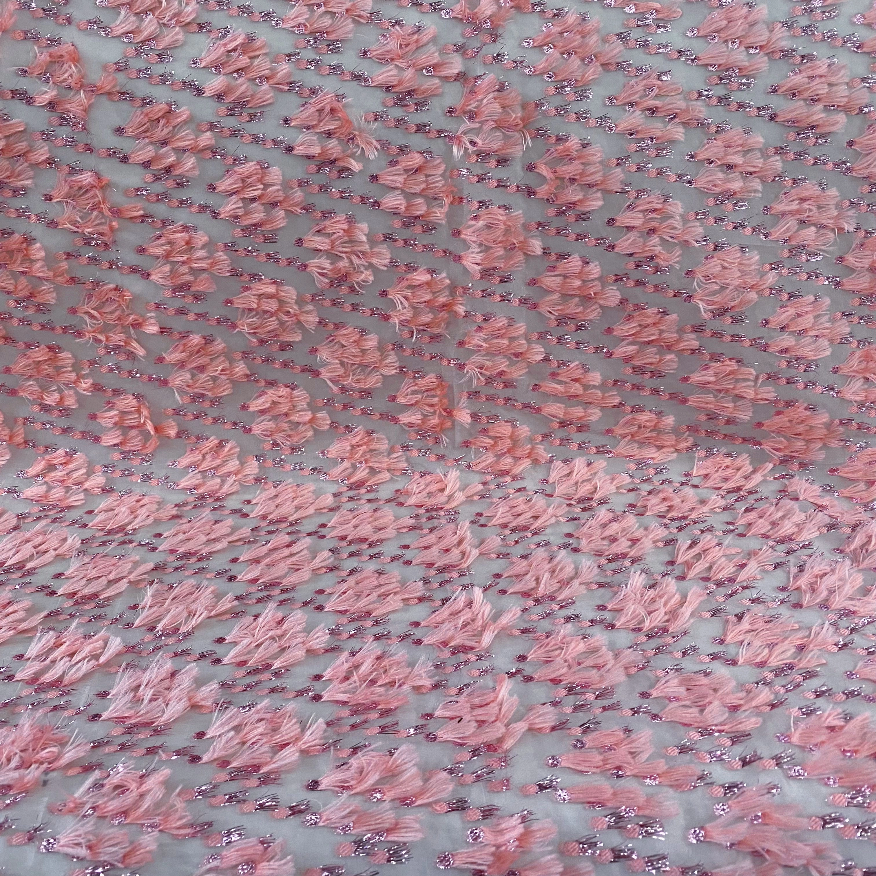 Organza Dobby - Metallic & Faux Fur Fringing - Pink