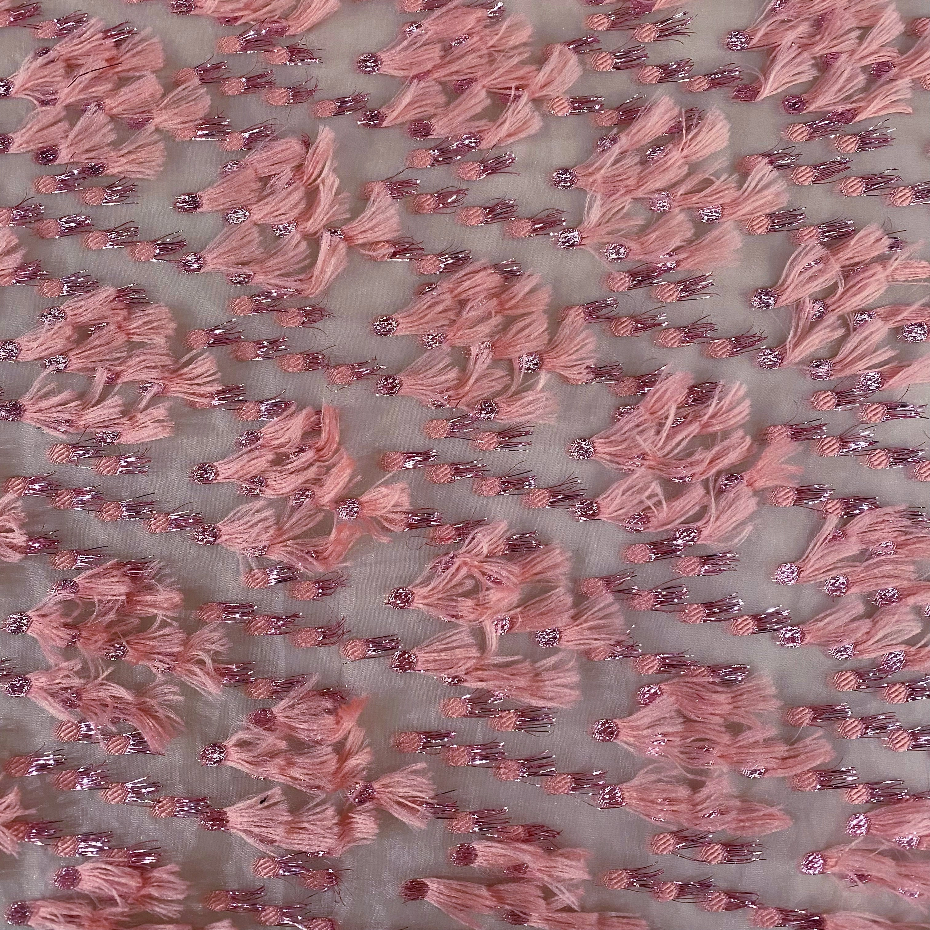 Organza Dobby - Metallic & Faux Fur Fringing - Pink