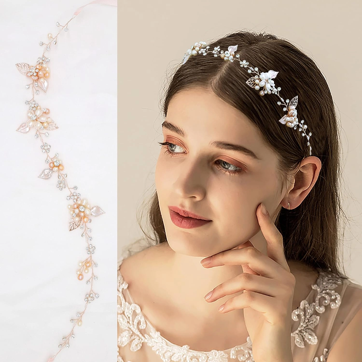 Oriamour Bridal Crystal Headband with Freshwater Pearls Flower Design Wedding Hair Accessories (Rose Gold)