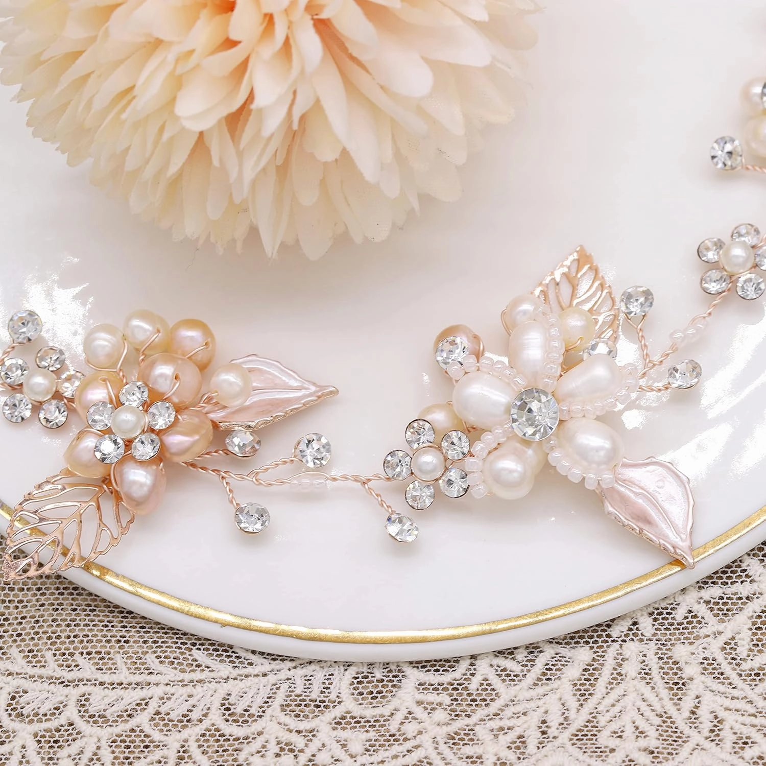 Oriamour Bridal Crystal Headband with Freshwater Pearls Flower Design Wedding Hair Accessories (Rose Gold)