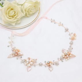 Oriamour Bridal Crystal Headband with Freshwater Pearls Flower Design Wedding Hair Accessories (Rose Gold)