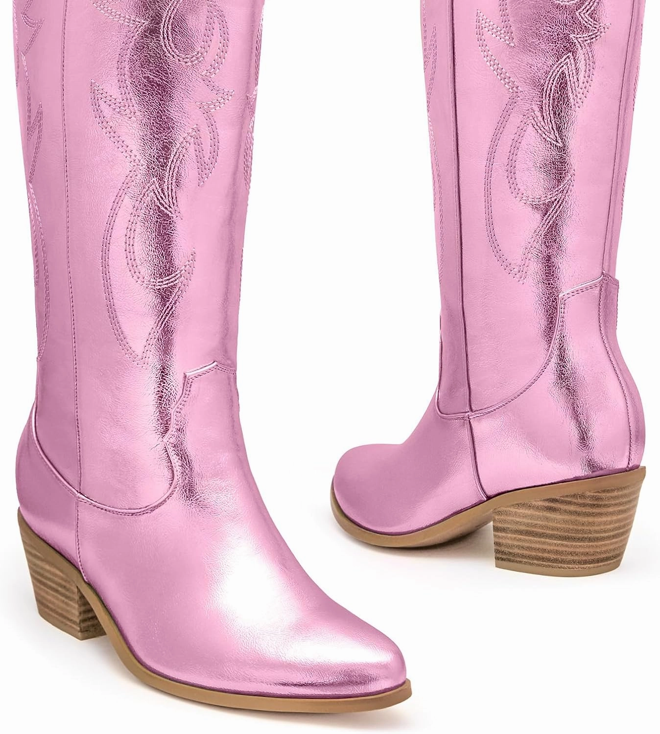 Ouepiano White Cowgirl Boots Women Cowboy Knee High Tall Boots Chunky Heel Pointed Toe Pull-On Western Wide Calf Boats Country Fashion